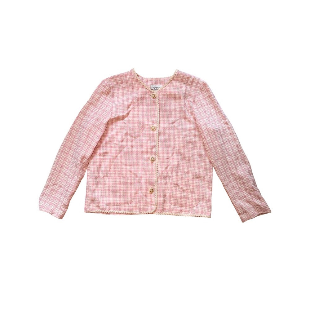 Vintage Maren Pink Plaid Tweed Jacket Gold Button Scallop Trim Blazer Medium USA